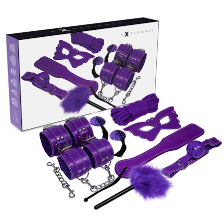 BDSM KIT EXPERIENCE LILA INNEHÅLLER HANDKLOVAR, ÖGONMASK, KITTLARE