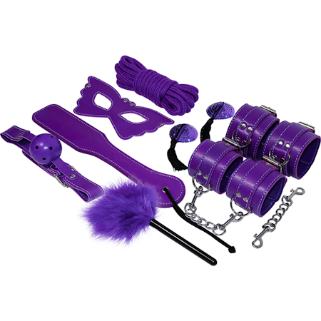 BDSM KIT EXPERIENCE LILA INNEHÅLLER HANDKLOVAR, ÖGONMASK, KITTLARE