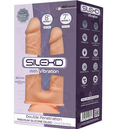 SILEXD - MODEL 1 REALISTISK PENIS DUBBEL PENETRERANDE MED VIBRATOR PREMIUM HUDFÄRGAD SILIKON 17.5 / 19.5 CM