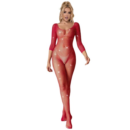 Sublime Långärmad Bodysuit i Rött Diamantnät – Sexig & Förförisk Lingerie för Passionerade Stunder