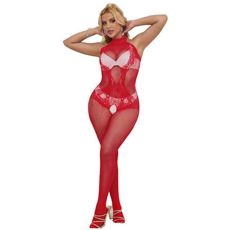 Fishnet och Spets Grenlös Bodystocking med Hög Hals i Röd (One Size) – Sexig & Förförisk Lingerie för Passionerade Nätter