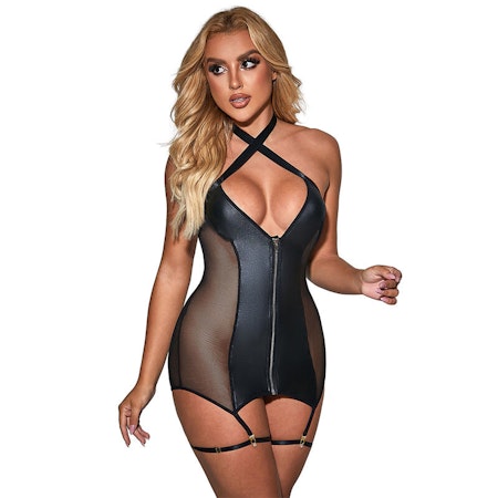 Sublime Sexig Nät-Klänning i Imitations-Läder och Nät i Svart (S/M) – Förförisk & Sensuell Lingerie för Passionerade Stunder