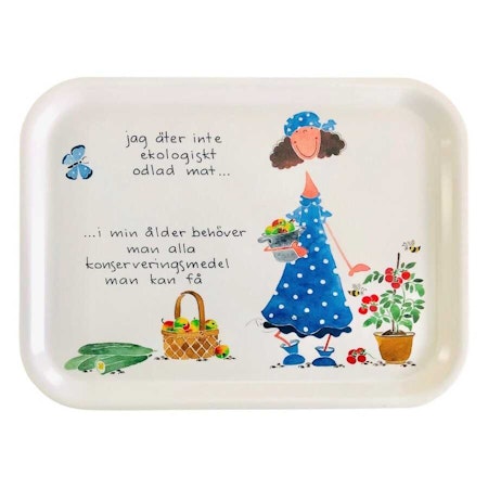 Frukostbricka med bild och texten " jag äter inte ekologist odlad mat...."