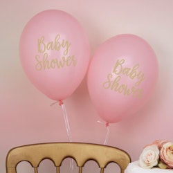 Ballonger med guldtext "Baby Shower", rosa