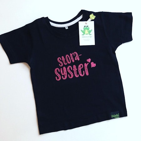 T-shirt Storasyster, svart med Glitter Rosa