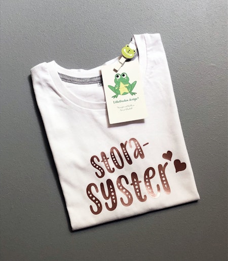 T-shirt Storasyster, vit med vinyl i Guld Rosé