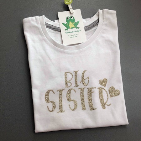 T-shirt Big Sister, vit med Glitter Champagne