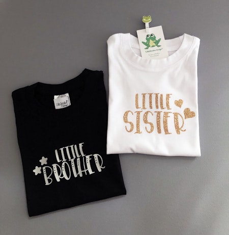 T-shirt Little Brother o Little Sister, vinyl i slät silver resp guldglitter