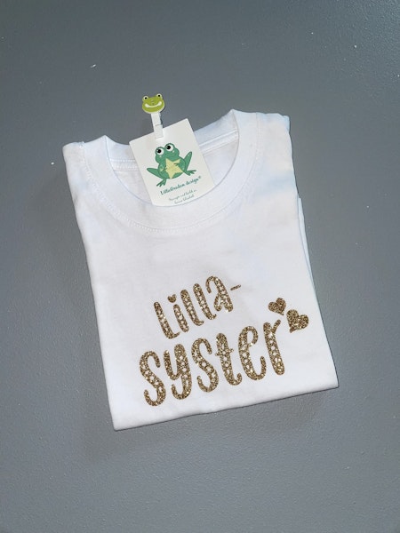 T-shirt Vit, text Lilla-Syster, Guldglitter, Strl 1-2 år, fyndhörnan