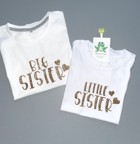 Tshirt Big Sister och Little Sister i glittervinyl Guld