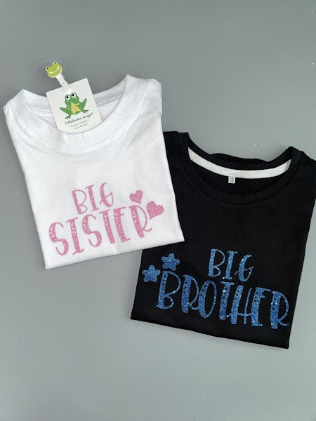Tshirt Big Sister och Big Brother i flamingorosa & blå glittervinyl