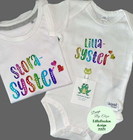T-shirt Storasyster och Body lillasyster m hjärtan, vinyl Regnbåge Skimmer