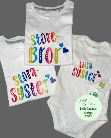 T-shirt Storebror/Storasyster och Body lillasyster m hjärtan, vinyl Regnbågsränder