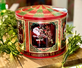 Plåtburk med speldosa ”We wish you a merry Christmas”