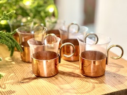 6 glöggmuggar i glas med hållare i koppar