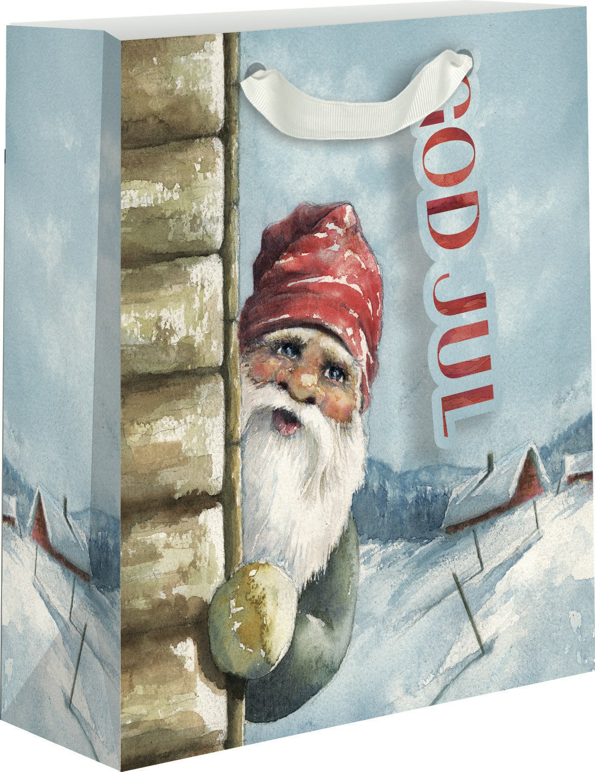 Presentpåse med jultema - Tomten tittar fram