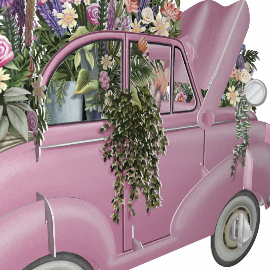 Magiskt bröllopskort - Blomstrande bil (Fraktfritt)