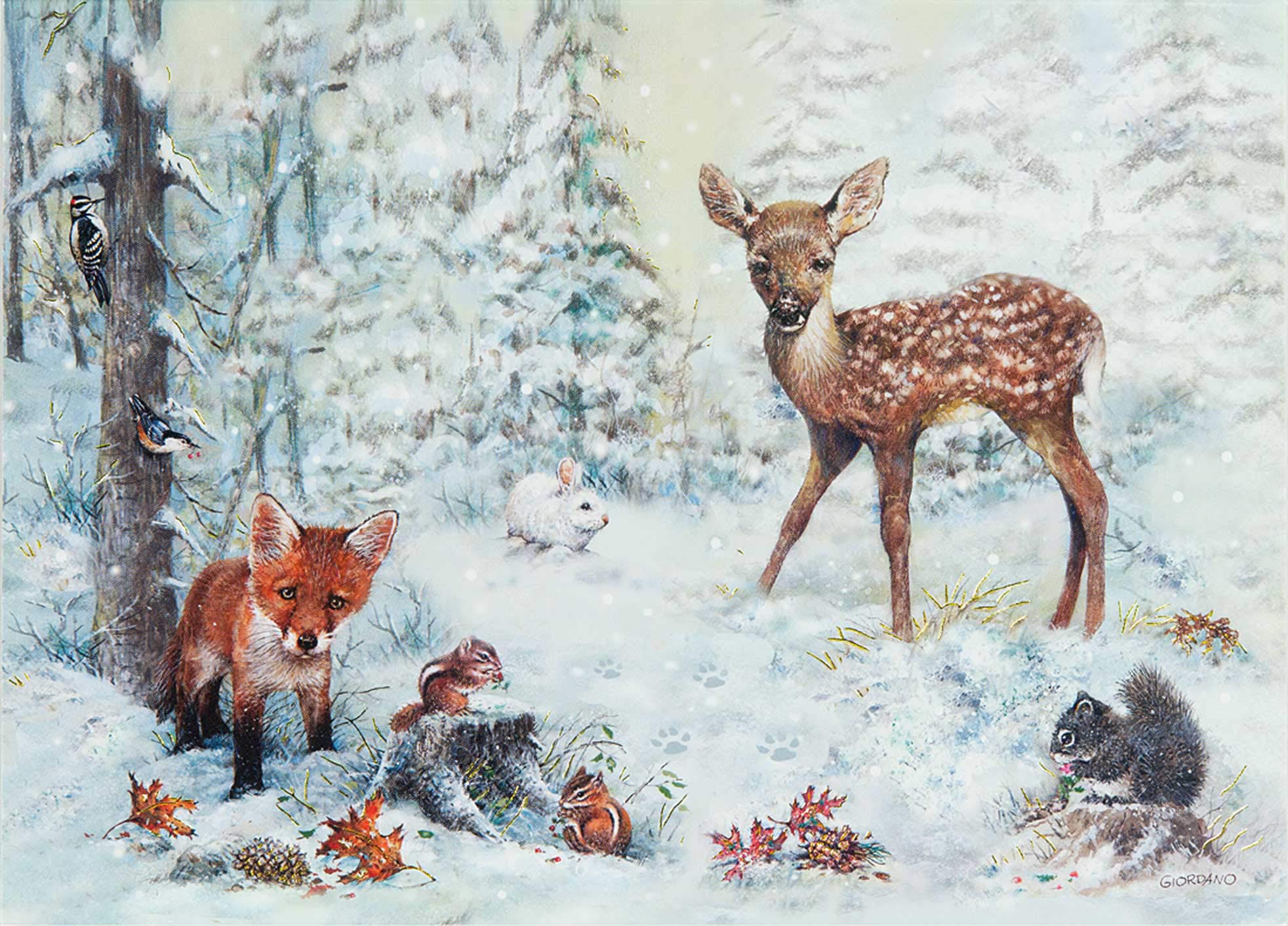 Förpackning med flera julkort med glitter - Djur i snön (20 kort)