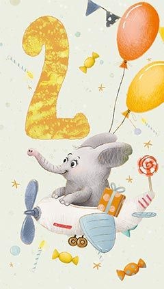 Dubbelt kort med kuvert - 2 år - Flygande elefant (Fraktfritt)
