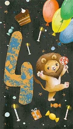 Dubbelt kort med kuvert - 4år Godis Lejon (Fraktfritt)