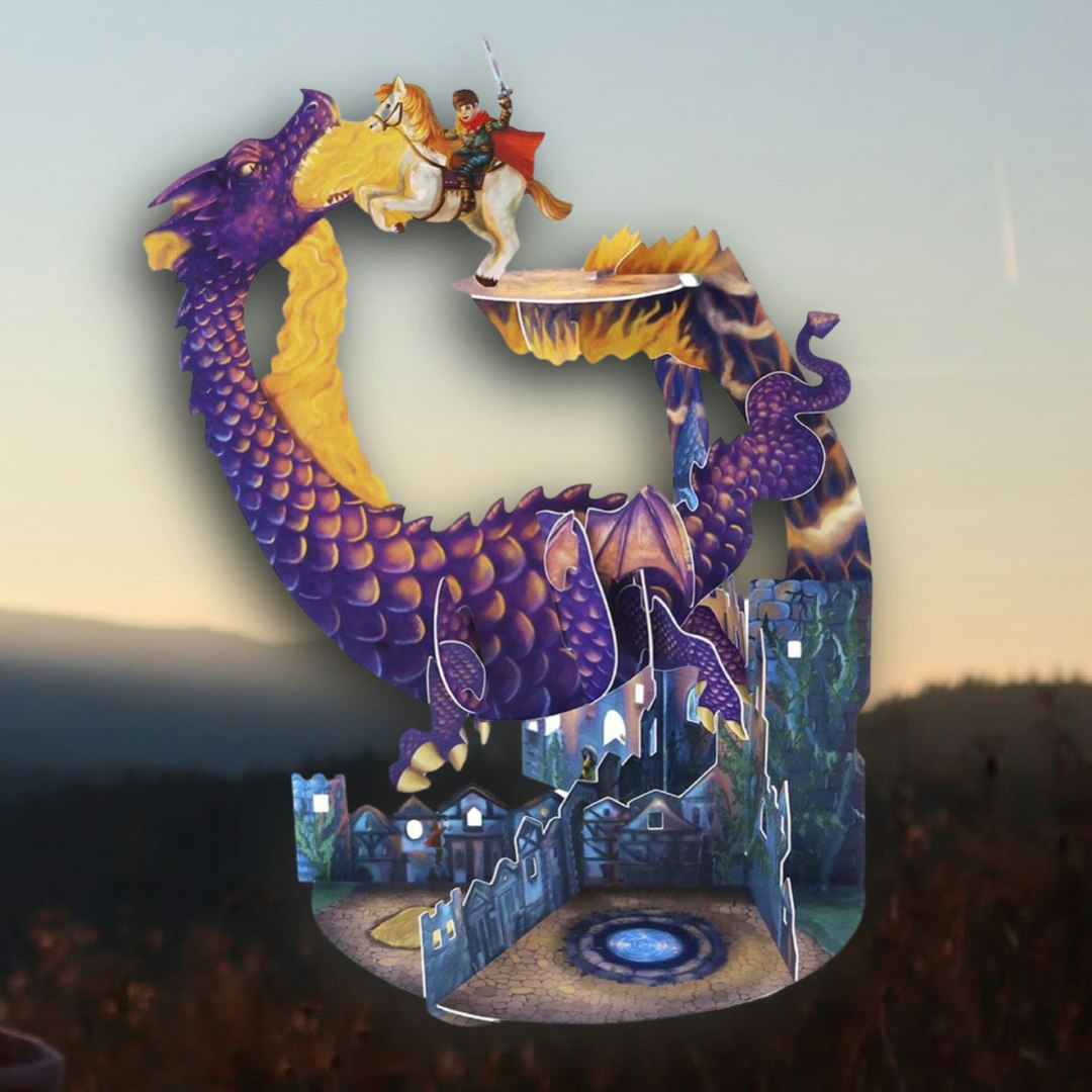 Magiskt gratulationskort med rörliga delar - Riddaren och draken (Fraktfritt)