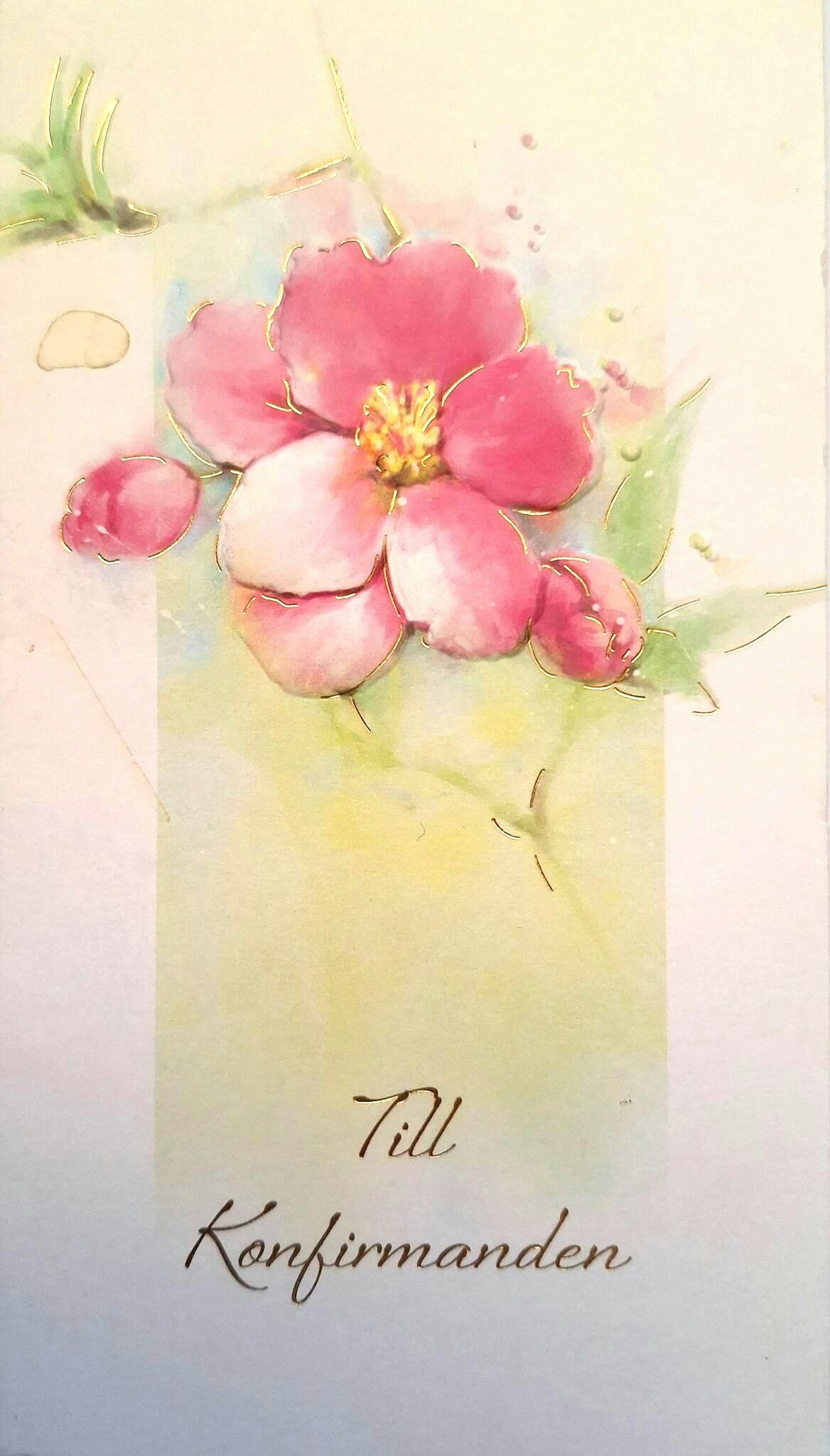 Dubbelt kort med kuvert - Konfirmanden rosa blomma (Fraktfritt)