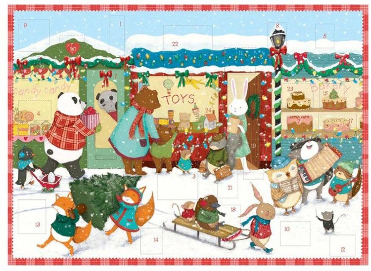 Julkalender och adventskalender med djur som handlar julklappar
