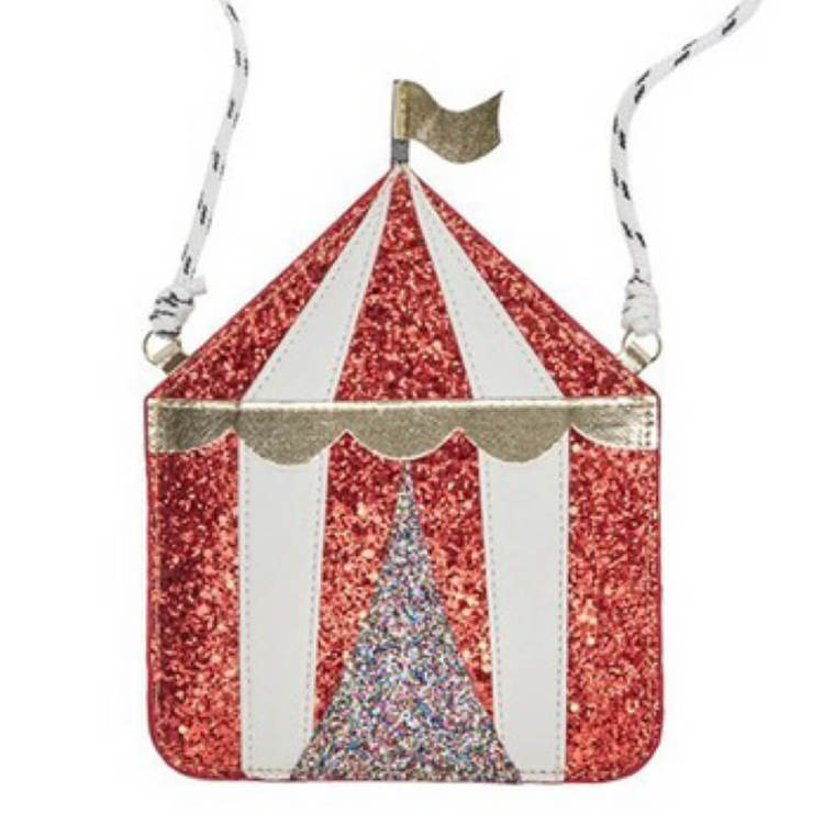 Underbart glittrig barnväska med cirkusmotiv