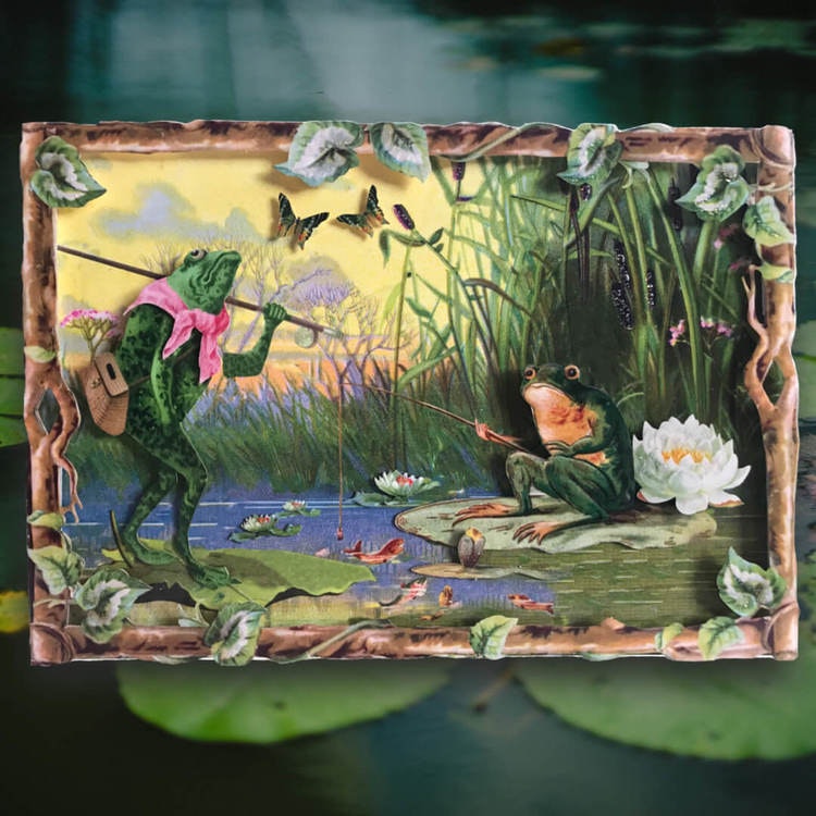 Vackert kort med 3D-effekt, Fiskande grodor