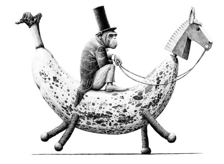 Enkelt konstkort - Apan och Bananhästen (Fraktfritt)