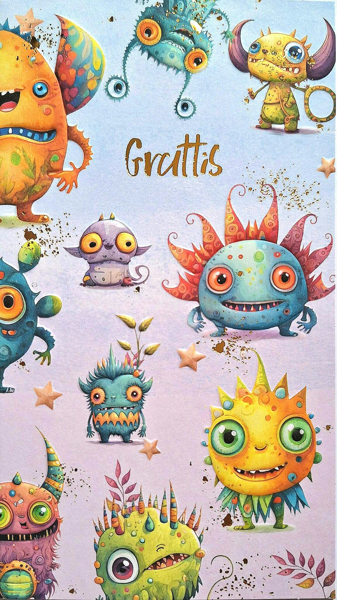Dubbelt kort med kuvert - Monstergrattis (Fraktfritt)
