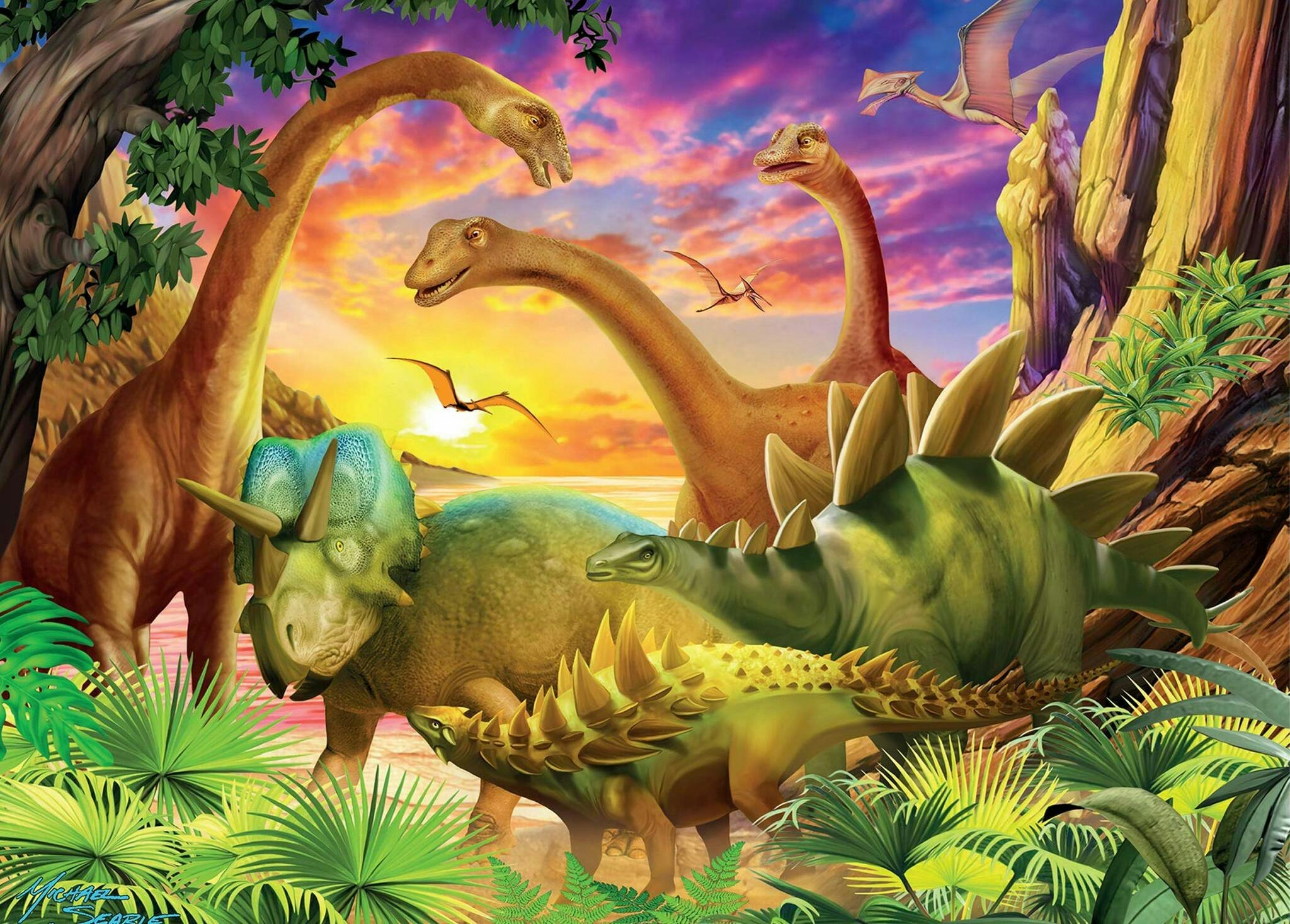 Enkelt kort 3D - Dinosaurier i solnedgången (Fraktfritt)