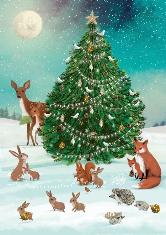 Liten Adventskalender som julkort - Djuren vid granen (Fraktfritt)
