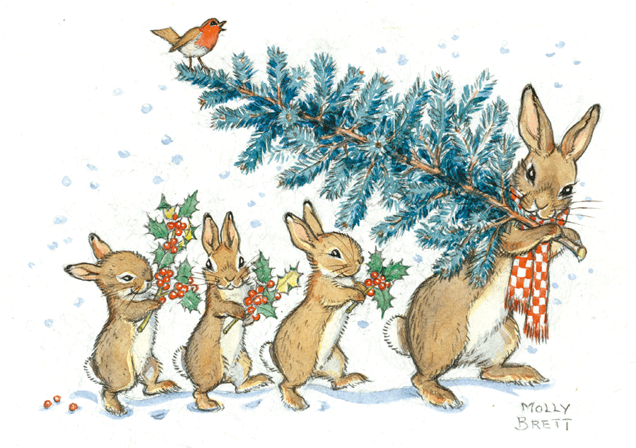 Enkelt Julkort - Kaninerna bär hem julgranen (Fraktfritt)