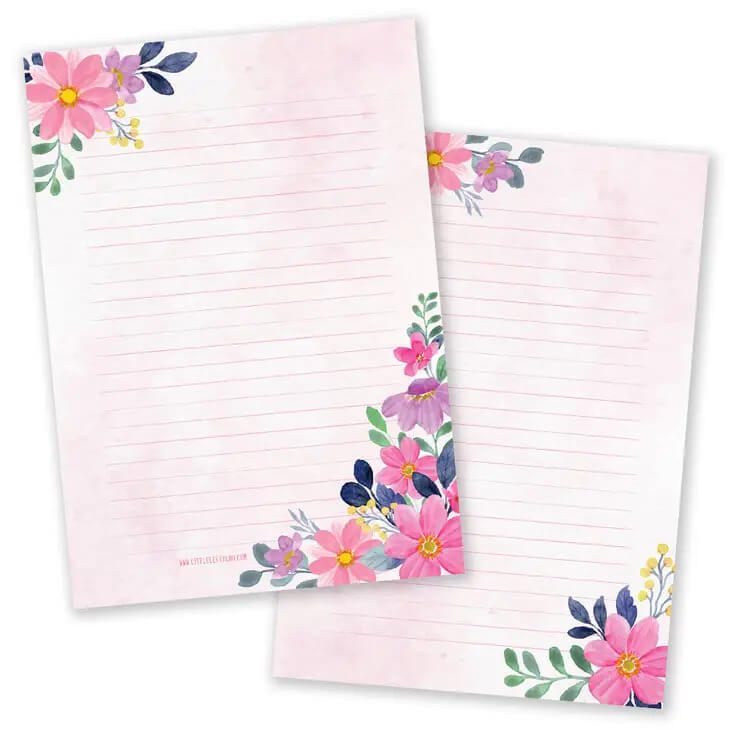 Block eller brevpapper - Rosa akvarellblommor (A5-format)