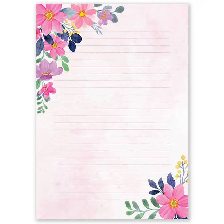 Block eller brevpapper - Rosa akvarellblommor (A5-format)