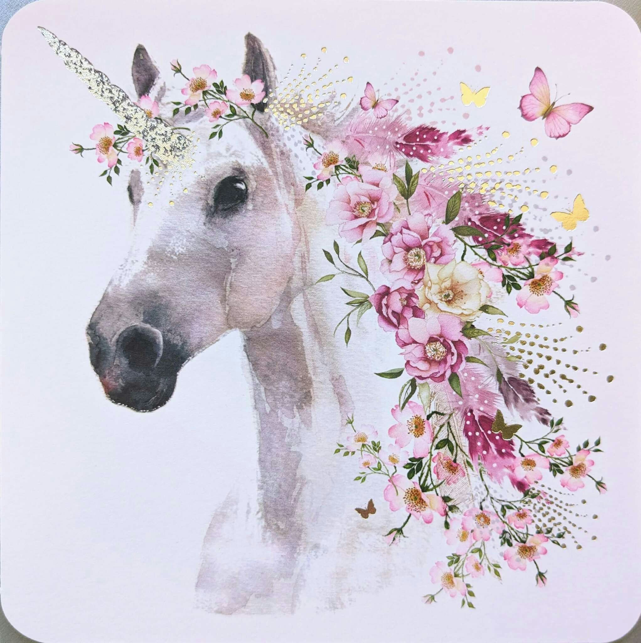 Dubbelt kort (silverglitter) med kuvert - Blommande enhörningen (Fraktfritt)