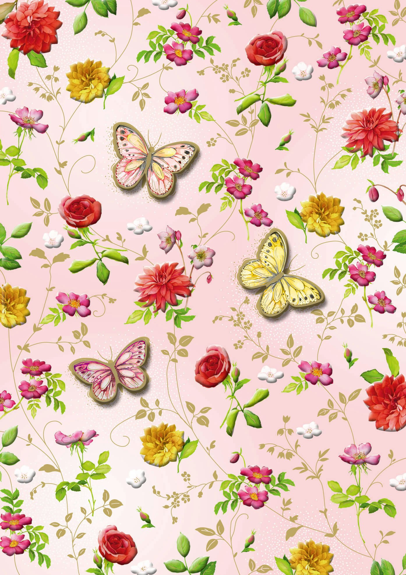 Dubbelt kort med kuvert - Blommor, fjärilar mot rosa (Fraktfritt)