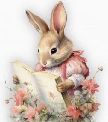 Bokmärke - Bokläsande kanin bland rosa blommor (Fraktfritt)