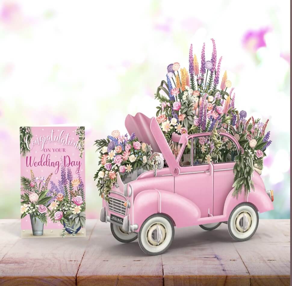 Magiskt bröllopskort - Blomstrande bil (Fraktfritt)