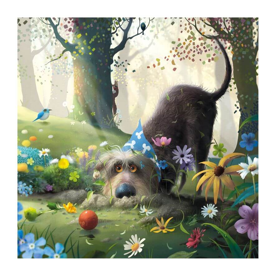 Dubbelt kort med kuvert - Hunden och blommorna (Fraktfritt)
