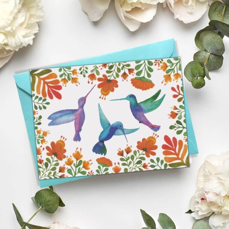 Dubbelt kort med kuvert - Kolibrier och blomster (Fraktfritt)