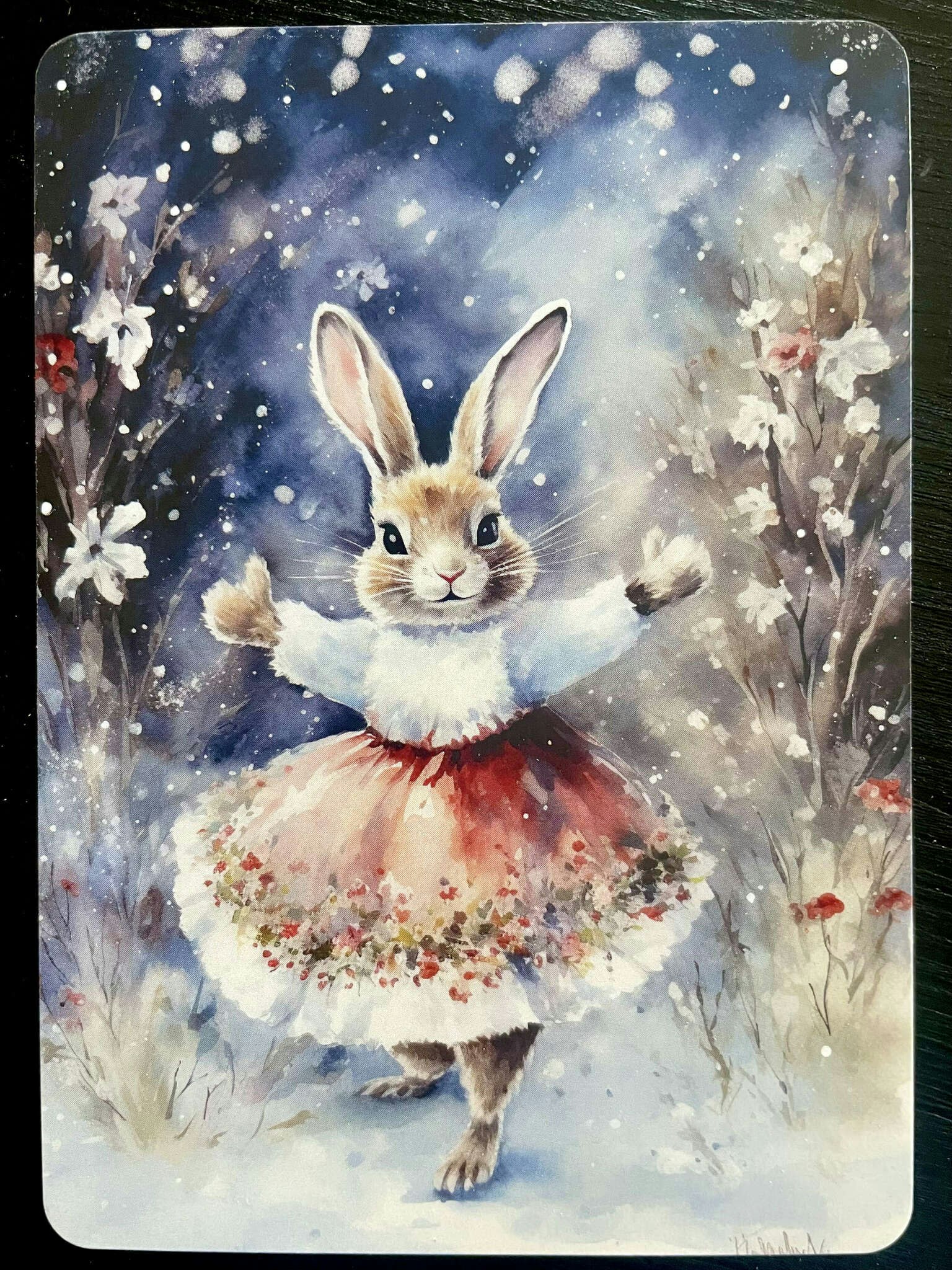 Enkelt vinterkort - Kanin med vacker röd kjol (Fraktfritt)