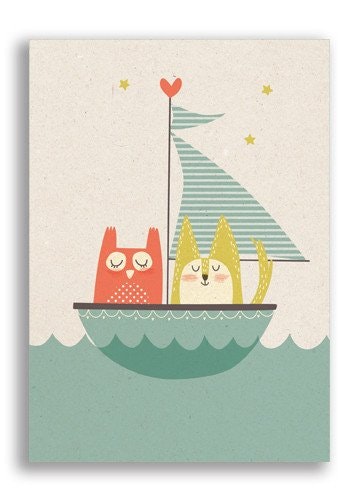 Enkelt Kort - Uggla och katt på seglats (Fraktfritt)