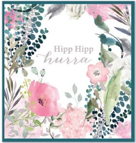 Dubbelt kort med kuvert - Hipp Hipp Hurra Rosa Blommor (Fraktfritt)
