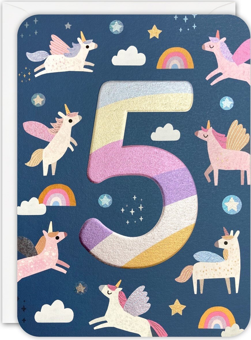 Dubbelt kort med kuvert - 5 år Enhörningar (Fraktfritt)