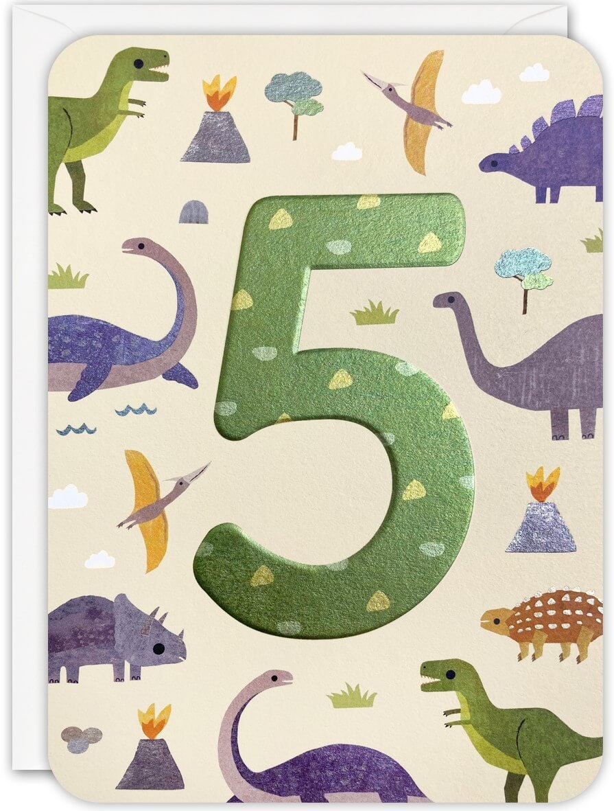 Dubbelt kort med kuvert - 5 år Dinosaurier (Fraktfritt)