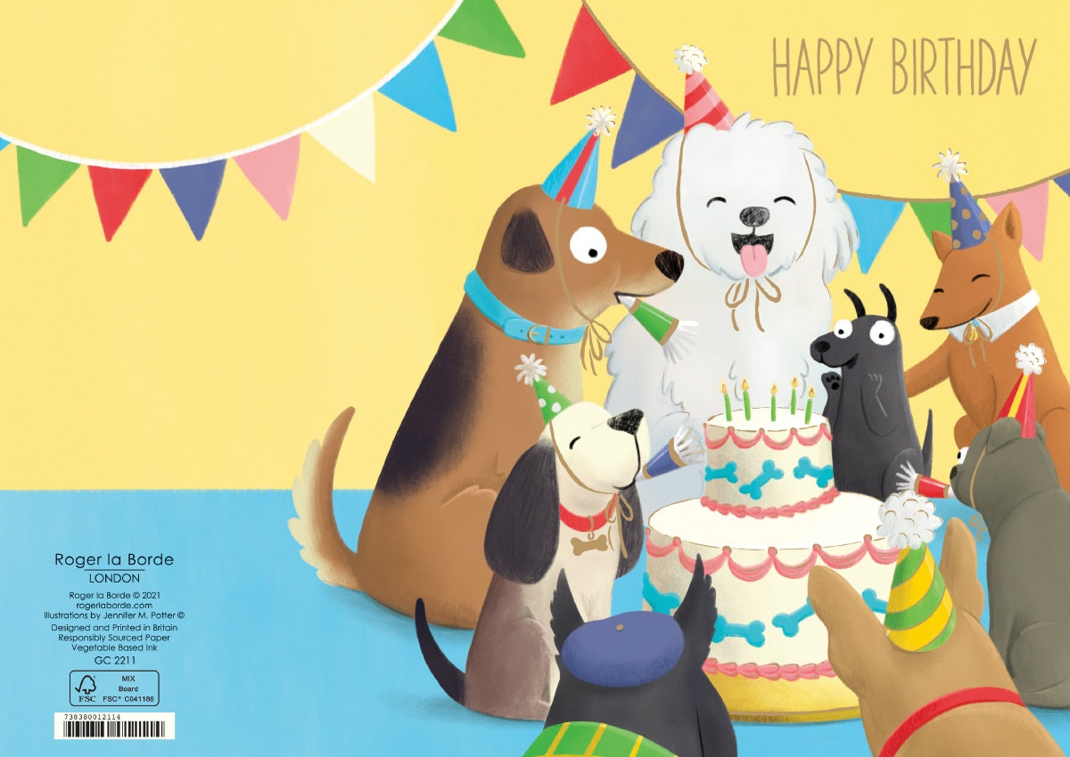 Dubbelt kort med kuvert - Hundarnas födelsedagsfest (Fraktfritt)