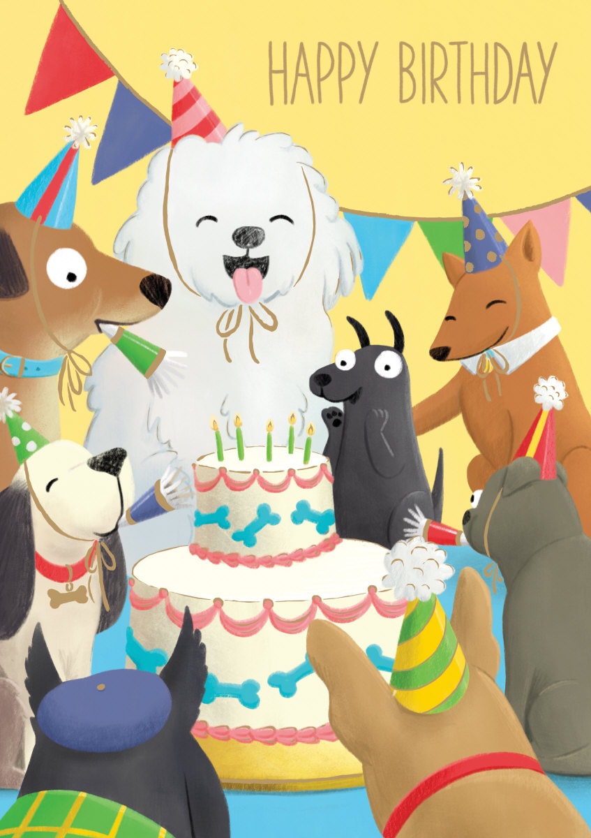 Dubbelt kort med kuvert - Hundarnas födelsedagsfest (Fraktfritt)