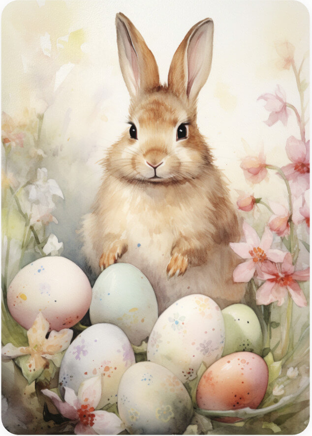 Enkelt Påskkort - Kaninen med de pastellfärgade äggen (Fraktfritt)